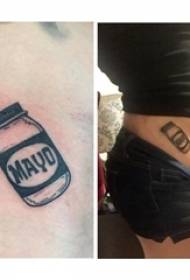 Dívka boční pas na černé anglické a geometrické linie láhev tetování obrázky
