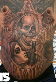 abdomen black female pistol and clown letter tattoo pattern