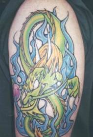 Green Dragon and Blue Flame Tattoo Pattern