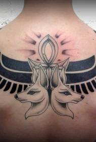 back interesting Egypt style ጥቁር ክንፎች እና የውሻ ንቅሳት ንድፍ