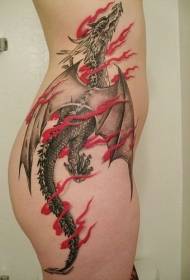 juodas pilkas drakonas su raudono kaspino šonkaulio tatuiruotės modeliu