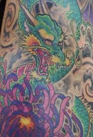 green Chinese dragon and chrysanthemum tattoo pattern