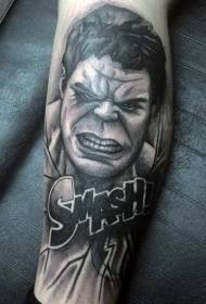 Zwart en wit boos hulk portret en brief tattoo patroon