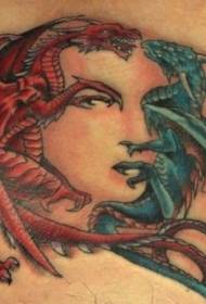 Patrón de tatuaje de dragón azul e vermello