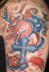 Grande drago asiatico e croce blu Tattoo Pattern