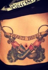 abdominal old school style cross-handed sword tattoo