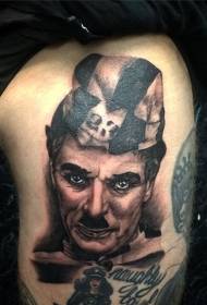 thigh realistic style Chaplin Portrait tattoo pattern