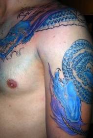 Модел на татуировка на половин броня на японски красив син дракон