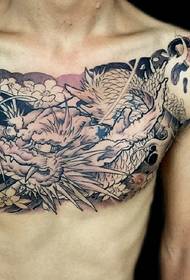 a strong dragon tattoo on the chest of men