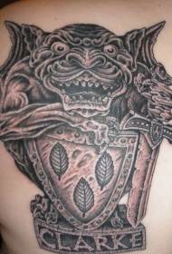 Indietro modello di tatuaggio marrone Gargoyle e scudo