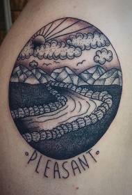 immagine del tatuaggio spalla marrone piccola rotonda scolpita strada di montagna