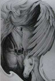 juodos pilkos spalvos tatuiruotės modelis: juodo peleno Pegasus tatuiruotės modelio nuotraukos