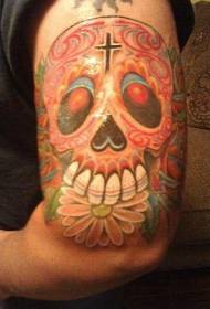 Rankos kaukolė Gėlių spalvos tatuiruotės raštas