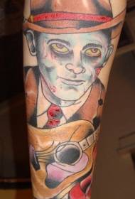 patrón de tatuaxe de guitarra de zombies en cor brazo