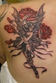 Motif de tatouage dos elfe et rose réaliste