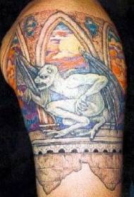 monster tattoo pattern in front of the colorful glass window