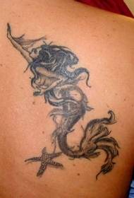 肩膀黑色灰色美人魚和海星紋身圖片