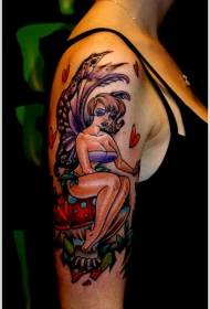 female color big arm colorful fairy mushroom tattoo pattern