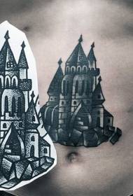 modello di tatuaggio addome vecchia scuola castello fiaba bianco e nero