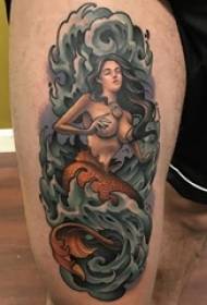 boys thighs Creative literary mermaid tattoo picture on painted watercolor sketch