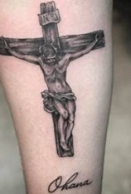 niños en la pantorrilla en el punto gris negro de la cruz y fotos de tatuajes de Jesús