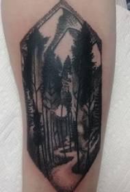黒灰色のポイントとげの女の子のふくらはぎの幾何学的なシンプルなラインの大きな木森林風景の入れ墨の写真