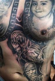 borst zwart grijs stijl monster gezicht tattoo patroon