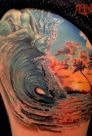 thigh realistic color waves with mermaid tattoo pattern