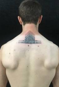 男孩在脖子後面的黑色刺技巧幾何簡單線條建築紋身圖片