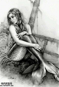 Black Gray Sketch Style Mermaid Tattoo Manuscript Pattern