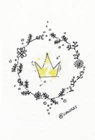 Yellow watercolor crown tattoo manuscript in black line creative garland
