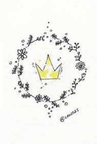 Manoscritto tatuaggio giallo corona ad acquerello in ghirlanda creativa linea nera