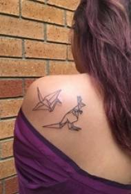 girls back shoulder black geometric simple line origami thousand paper crane And kangaroo tattoo pictures
