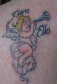 Modello di tatuaggio di tromba cherubino soffiante