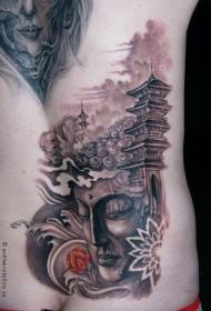 indietro Statua di Buddha misterioso in bianco e nero in stile asiatico con motivo del tatuaggio di casa