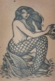 Black Mermaid Tattoo Patroon met skedel