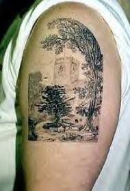 paesaggio realistico con alberi tatuaggio nero grigio modello