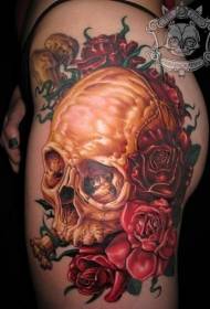 leg color skull and red rose tattoo picture