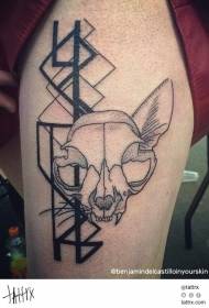 thigh mysterious black cat skull and geometric tattoo pattern