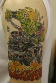 Patró de tatuatge de monstre verd i cotxe