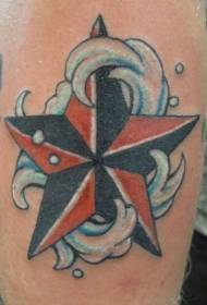 海浪中的红色和黑色星星纹身图案