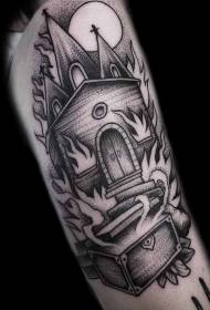 цртани стил црног убода гори црквени узорак тетоваже