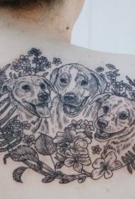famiglia di cani neri stile incisione posteriore e motivo tatuaggio wildflower