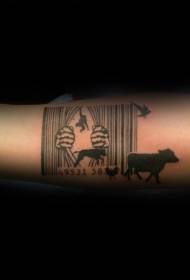 بازوی بارکد سیاه و سفید با حیوانات مختلف الگوی تاتو
