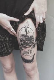 Coscia vecchia scuola nera barca pietra lettera tatuaggio modello
