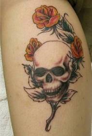 手臂彩色骷髅玫瑰纹身图案