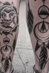 modèle de tatouage de plumes de lune et de soleil noir de style épine de veau