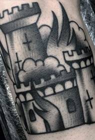 altes schwarzweiss schloss mit kreuz flamme tattoo muster 155536 - kopf schwarzer stich diamant tattoo muster