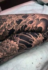Japanese traditional black and white peony flower leg tattoo pattern