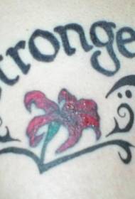 shoulder color tribal red lily with text tattoo